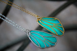 Butterfly Wing Glow in the Dark / Blue & Green Wing Necklace / Silver or Gold /