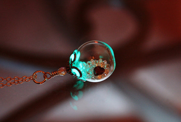 Garnet Heart Pendant Glow in the Dark / Clear Cubic Zirconia / Glass Bubble Pendant /