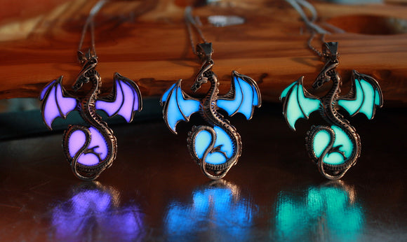 Dragon pendant / Glow in the dark/ Dragon Surrounding the Moon/ Stainless Steel /