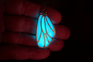 Butterfly Wing Glow in the Dark / Blue & Green Wing Necklace / Silver or Gold /
