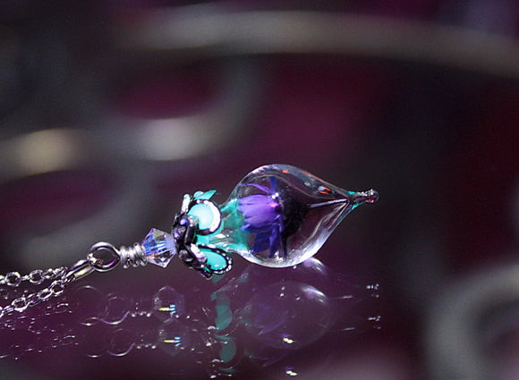 Tiny Purple DAISY / Glow in the Dark / Daisy Necklace / Teardrop Pendant / Glass Teardrop Pendant /
