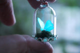 Butterfly Necklace Glow in the dark / Glass Dome Butterfly / Turquoise Glow /